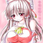  asamura_hiori ascot blush bow breasts brown_hair bust detached_sleeves hair_bow hair_tubes hakurei_reimu large_breasts long_hair miko red_eyes solo touhou translated translation_request 
