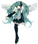  boots detached_sleeves green_eyes green_hair hatsune_miku headset highres long_hair necktie simple_background skirt smile solo thigh-highs thigh_boots thighhighs twintails very_long_hair vocaloid watatsumi white_background wings 