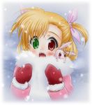  blush blush_stickers bunny fur_coat green_eyes heterochromia lyrical_nanoha mahou_shoujo_lyrical_nanoha mahou_shoujo_lyrical_nanoha_vivid open_mouth rabbit red_eyes sacred_heart shinozuki_takumi short_twintails snow snowing stuffed_animal stuffed_toy sweatdrop twintails vivio 