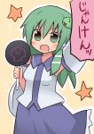  absurdres arm_up blush detached_sleeves green_eyes green_hair hair_ornament highres himegi kochiya_sanae long_hair open_mouth skirt smile solo star tongue tongue_out touhou translated translation_request |_| 