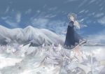  ascot barefoot blue_dress blue_eyes blue_hair cirno dress ice ice_wings mi-so short_hair sky solo touhou wings 