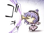  beam chibi closed_eyes eyes_closed hat instrument laser merlin_prismriver minigirl nekoguruma purple_hair short_hair skirt solo touhou translated trumpet 