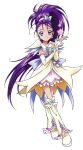  boots bow crossed_legs_(standing) cure_egret dress futari_wa_precure_splash_star gloves kawamura_toshie long_hair magical_girl mishou_mai official_art ponytail precure purple_eyes purple_hair ribbon smile solo star violet_eyes white_background 