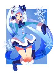  ageha blue_eyes blue_hair boots bow earmuffs hand_on_earmuffs hatsune_miku headset highres long_hair mittens outstretched_arm skirt snowflakes solo thigh_gap thighs twintails very_long_hair vocaloid yuki_miku 