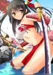  absurdres bell black_hair blush bow breasts cherry_blossoms dual_wielding fundoshi hair_ornament highres midriff mirakuru original petals rock solo twintails water waterfall weapon yellow_eyes 