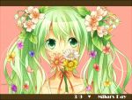  character_name face flower green_eyes green_hair hair_flower hair_ornament hatsune_miku letterboxed mirin_(aniyokopo) solo twintails vocaloid 