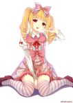  between_legs blonde_hair caidychen drill_hair highres original red_eyes sitting solo striped striped_legwear thigh-highs thighhighs twin_drills wariza white_background 