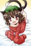  akou_roushi all_fours animal_ears blush bottomless brown_hair cat_ears cat_tail chen earrings fang jewelry multiple_tails naked_sweater no_pants oversized_clothes red_eyes ribbed_sweater short_hair single_earring sleeves_past_wrists smile solo sweater tail touhou white_legwear 
