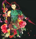  ahoge black_background dual_wielding fate/zero fate_(series) floral_background flower gae_buidhe gae_dearg lancer_(fate/zero) male mole polearm red_hair red_rose redhead rose solo spear weapon youaresober 
