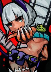    belt breasts cat_ears cat_tail dark_skin fang fingernails green_eyes headless long_fingernails nadia_fortune scar severed_head short_shorts shorts skullgirls tail under_boob underboob white_hair 