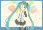  arm_behind_back balloon detached_sleeves green_eyes green_hair hatsune_miku headset long_hair mikanniro necktie skirt smile solo thigh-highs thighhighs twintails v very_long_hair vocaloid wink 