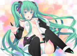  breasts bridal_gauntlets center_opening green_eyes green_hair hatsune_miku hatsune_miku_(append) jewelry long_hair madoromi_(zzzzzz) miku_append navel open_mouth sitting thigh-highs thighhighs twintails very_long_hair vocaloid vocaloid_append 