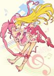  blonde_hair blue_eyes boots braid carrying cure_melody cure_rhythm dress earrings frills green_eyes hairband houjou_hibiki jewelry long_hair magical_girl midriff minamino_kanade multiple_girls musical_note pink_hair pink_legwear precure retpa shoes smile staff_(music) suite_precure thigh-highs thighhighs title_drop treble_clef twintails wrist_cuffs 