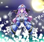  absurdres alternate_hair_length alternate_hairstyle blush butterfly colored full_moon hands_in_sleeves hat highres long_hair looking_at_viewer minagokoro moon purple_hair red_eyes saigyouji_yuyuko smile solo touhou 