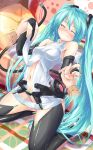  aqua_hair bare_shoulders blush breasts bridal_gauntlets center_opening daidou_(demitasse) hatsune_miku hatsune_miku_(append) highres long_hair miku_append necktie sitting solo thigh-highs thighhighs twintails very_long_hair vocaloid vocaloid_append wavy_mouth wet wince 