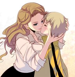  age_difference agnes_joubert bad_id blue_eyes blush breasts brown_hair closed_eyes eyes_closed huang_baoling kiss lips long_hair masao multiple_girls short_hair tiger_&amp;_bunny yuri 