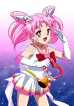  bishoujo_senshi_sailor_moon blue_background bow chibi_usa child choker crystal_carillon double_bun earrings elbow_gloves gloves gradient gradient_background jewelry kujirai_sato magical_girl pink_background pink_hair red_eyes ribbon sailor_chibi_moon short_hair smile solo super_sailor_chibi_moon twintails white_gloves 