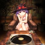  1girl alternate_costume bookshelf camisole chair crossed_legs_(sitting) cup hat hat_ribbon head_rest indoors iyamato lavender_hair lingerie looking_at_viewer nagae_iku phonograph plant potted_plant red_eyes ribbon saucer short_hair smile solo table teacup touhou turntable underwear 