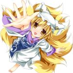  arm_up bad_id barefoot blonde_hair dress fox_tail hat hat_with_ears kmkm9696 multiple_tails ofuda open_mouth outstretched_hand smile solo tabard tail touhou white_dress yakumo_ran yellow_eyes 