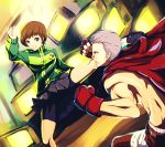  1girl bandaid battle bike_shorts brown_eyes brown_hair cape fighting houndstooth infinote kicking kote kung_fu legs muscle persona persona_3 persona_4 persona_4:_the_ultimate_in_mayonaka_arena pin pleated_skirt sanada_akihiko satonaka_chie school_uniform shoes short_hair shorts shorts_under_skirt skirt television track_jacket upskirt white_hair 