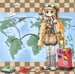  blonde_hair book boots directional_arrow dotted_outline flat_chest gloves goggles green_eyes map original paper_airplane rolling_suitcase salute shimjy single_thighhigh solo striped striped_legwear suitcase thigh-highs thighhighs 