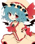  arms_behind_back ascot bad_id bat_wings blue_hair blush bow brooch fang haru_(kyou) hat hat_ribbon heart jewelry open_mouth red_eyes remilia_scarlet ribbon shirt short_hair skirt smile solo touhou wings 