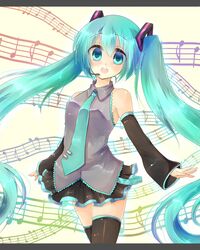  aosane aqua_eyes aqua_hair bare_shoulders detached_sleeves hatsune_miku headset highres letterboxed long_hair musical_note necktie open_mouth skirt solo thigh-highs thighhighs twintails very_long_hair vocaloid 