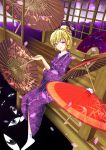  agies blonde_hair braid butterfly dress fan floral_print gap hair_ornament hair_stick japanese_clothes kimono kiseru looking_at_viewer oriental_umbrella petals pipe purple_dress purple_eyes sash sitting solo touhou umbrella veranda violet_eyes yakumo_yukari 