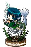  1girl blue_eyes blue_hair bubble chibi fish head_fins highres japanese_clothes kimono long_sleeves mermaid monster_girl obi open_mouth socha solo touhou wakasagihime wide_sleeves 
