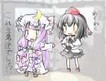 :d ascot black_hair bow camera crescent dress hair_bow hat hat_bow holding long_hair multiple_girls natsuki_(silent_selena) open_mouth patchouli_knowledge purple_hair shameimaru_aya skirt smile standing tokin_hat touhou translation_request |_| 