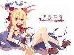  ball belt blonde_hair bow chain chains character_name fuukadia_(narcolepsy) gourd govurin horns ibuki_suika long_hair open_mouth red_eyes shoes simple_background sitting skirt socks solo touhou white_legwear 