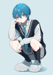  1girl absurdres aegyo_sal blue_hair blue_necktie closed_mouth collared_shirt eyelashes full_body grey_skirt head_rest highres long_sleeves looking_at_viewer medium_hair necktie original pleated_skirt shirt shoes simple_background skirt smile sneakers socks solo squatting sweater_vest white_shirt white_shoes white_sneakers yoruse 