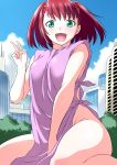  :d building choudokyuu_shoujo_4946 eimiya_mana giantess green_eyes no_panties open_mouth pink_hair short_hair shouji_2 sitting smile solo twintails v wariza 