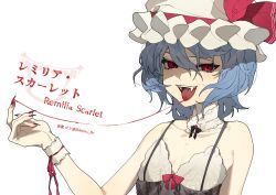  absurdres blood blood_on_tongue blue_hair breasts collarbone detached_collar fangs hat highres messy_hair mob_cap red_eyes remilia_scarlet shimiya_jin short_hair sleeveless slit_pupils small_breasts smile tongue tongue_out touhou white_hat 