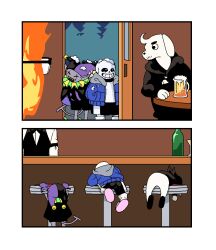  2023 2d 2koma 5boys alcohol anthro bartender beer beer_mug black_bowtie black_hair black_shorts blue_jacket blue_skin border bottle bowtie comic deltarune digital_media dog dog_boy dogamy door drink elemental_(creature) fire_elemental flaming_head furry furry_male glasses grillby hat hood hood_down hooded_jacket humanoid in-franchise_crossover in-universe_location jacket jevil male male_focus male_only monster monster_boy multiple_boys oekaki oo_rollo open_door open_jacket pointy_nose sans_(undertale) shirt short_hair shorts silent_comic skeleton spamton_g._spamton stool striped_shorts table tail teeth undead undertale white_border white_shirt white_skin white_stripes 