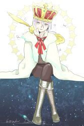  1boy 1other allen_walker boots brown_pants brown_vest cloak collared_shirt creature creature_on_shoulder cross crossed_legs crown d.gray-man facial_mark fur-trimmed_cloak fur_trim galaxy gold_crown golem_(d.gray-man) green_boots grey_eyes hair_between_eyes highres horns looking_at_viewer mizuto_(o96ap) night night_sky on_shoulder pants parted_lips red_ribbon ribbon scar scar_across_eye scar_on_face shirt short_hair sidelocks sitting sky star_(sky) star_(symbol) tail timcanpy vest white_background white_cloak white_hair white_shirt wings yellow_star 