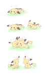  cheek_press cheek_rub closed_eyes depressed ear_twitch happy lying miyo_(miyomiyo01) no_humans no_mouth pikachu pokemon pokemon_(creature) sad simple_background translated translation_request 