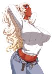  arched_back arms_behind_head belt black_panties blue_eyes breasts copyright_request dark_skin ganguro huge_breasts jeans large_breasts long_hair midriff navel oono_tsutomu panties ribbed_sweater solo sweater toned unbuttoned underwear unzipped white_hair 
