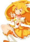  absurdres bike_shorts blonde_hair boots cure_peace double_v highres ka-no kise_yayoi magical_girl ponytail precure shorts_under_skirt simple_background skirt smile smile_precure! solo v white_background yellow_eyes 