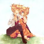  1girl bare_shoulders barefoot blonde_hair blue_eyes bow brother_and_sister closed_eyes detached_sleeves dress eyes_closed grass hair_bow hand_on_another&#039;s_cheek hand_on_another's_cheek hand_on_shoulder kagamine_len kagamine_rin namiri siblings sitting twins vocaloid wariza 