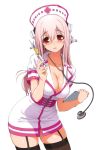  1girl blush breasts cleavage eyebrows_visible_through_hair female garter_straps hair_between_eyes hat headphones holding large_breasts long_hair looking_at_viewer nitroplus nurse nurse_cap open_clothes open_mouth pink_hair red_eyes short_sleeves simple_background solo super_sonico syringe thigh-highs thighhighs tsuji_santa white_background 