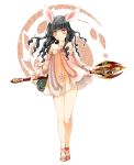 animal_ears bare_shoulders black_hair curly_hair detached_sleeves dress drill_hair elin_(tera) highres legs long_hair sandals shizaki_asuka simple_background solo staff tera_online white_background 