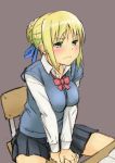  ahoge blonde_hair chair desk fate/zero fate_(series) green_eyes kosuke_haruhito saber school_uniform sitting skirt solo 