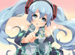  aqua_eyes aqua_hair arm_behind_back bad_id detached_sleeves foreshortening hatsune_miku head_tilt headset heart heart-shaped_pupils long_hair necktie open_mouth pointing solo symbol-shaped_pupils twintails umiko_(munemiu) very_long_hair vocaloid 