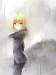  ahoge blonde_hair blush fate/stay_night fate_(series) formal hiroki-a56 long_hair pant_suit ponytail saber solo suit 