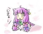  :&lt; ahoge animal_ears ascot bow cat_ears chibi crescent earrings hair_bow jewelry long_hair lowres mukyuu natsuki_(silent_selena) open_mouth patchouli_knowledge purple_hair single_earring solo touhou translated translation_request |_| 