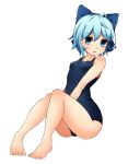  bare_shoulders barefoot blue_eyes blue_hair bow cirno hair_bow kinakomoti one-piece_swimsuit school_swimsuit short_hair sitting solo swimsuit touhou white_background 