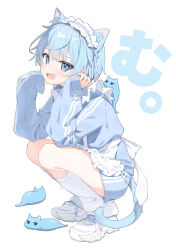  1boy :d animal_ear_fluff animal_ears apron blue_eyes blue_hair blue_jacket blue_shorts blush cat_boy cat_ears cat_tail fang hairband highres jacket jersey_maid lolita_hairband loose_socks maid maid_apron male_focus misskey.io murakami-san_(misskey.io) otoko_no_ko ryouka_(suzuya) shoes short_hair shorts simple_background sleeves_past_wrists smile sneakers socks solo squatting tail track_jacket unconventional_maid white_apron white_background white_sneakers 