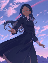  1girl absurdres artist_name bindi black_dress black_hair brown_hair clouds commentary_request dark-skinned_female dark_skin dress green_eyes gundam gundam_gquuuuuux highres kodamazon lace-trimmed_collar lace_trim lalah_sune long_sleeves sky sleeve_cuffs solo sunset white_sleeve_cuffs 