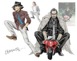  ace_attorney ace_attorney_investigations ace_attorney_investigations_2:_prosecutor&#039;s_gambit afro black_eyes black_hat black_pants black_shirt blue_necktie brown_hair brown_shirt brown_shoes coat coat_on_shoulders cowlick eddie_fender facial_hair fedora grey_coat grin hair_slicked_back hands_in_pockets hat korean_text leg_up lollipop_in_mouth male_focus necktie pants photo-referenced photo_inset reference_inset riding_tricycle shirt shoes sleeves_rolled_up smile torn_clothes tyrell_badd watch watch white_pants 